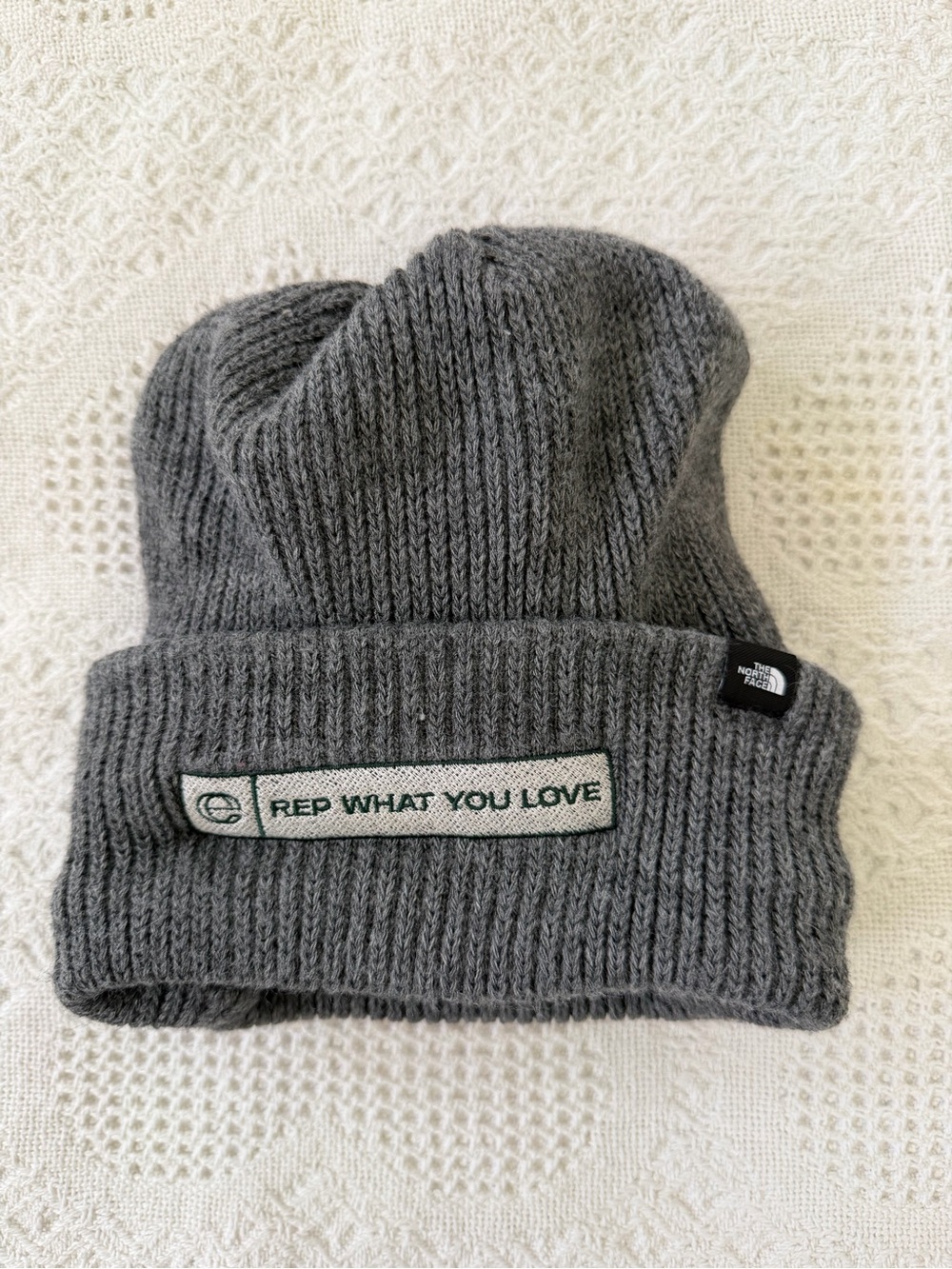 The North Face Kids Gray Knit Beanie with 'Rep What You Love' Patch